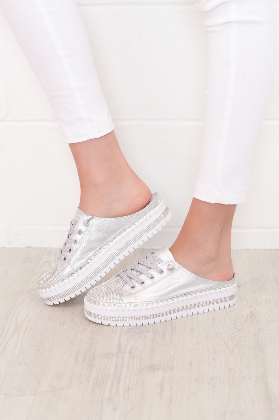 Shoes Ameise Leather Sneakers | Sarah Silver Leather Mule Sneaker