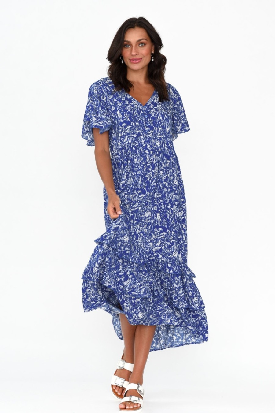 Clothing New U Collection Midi Dresses | Akira Blue Blossom Button Tier Dress