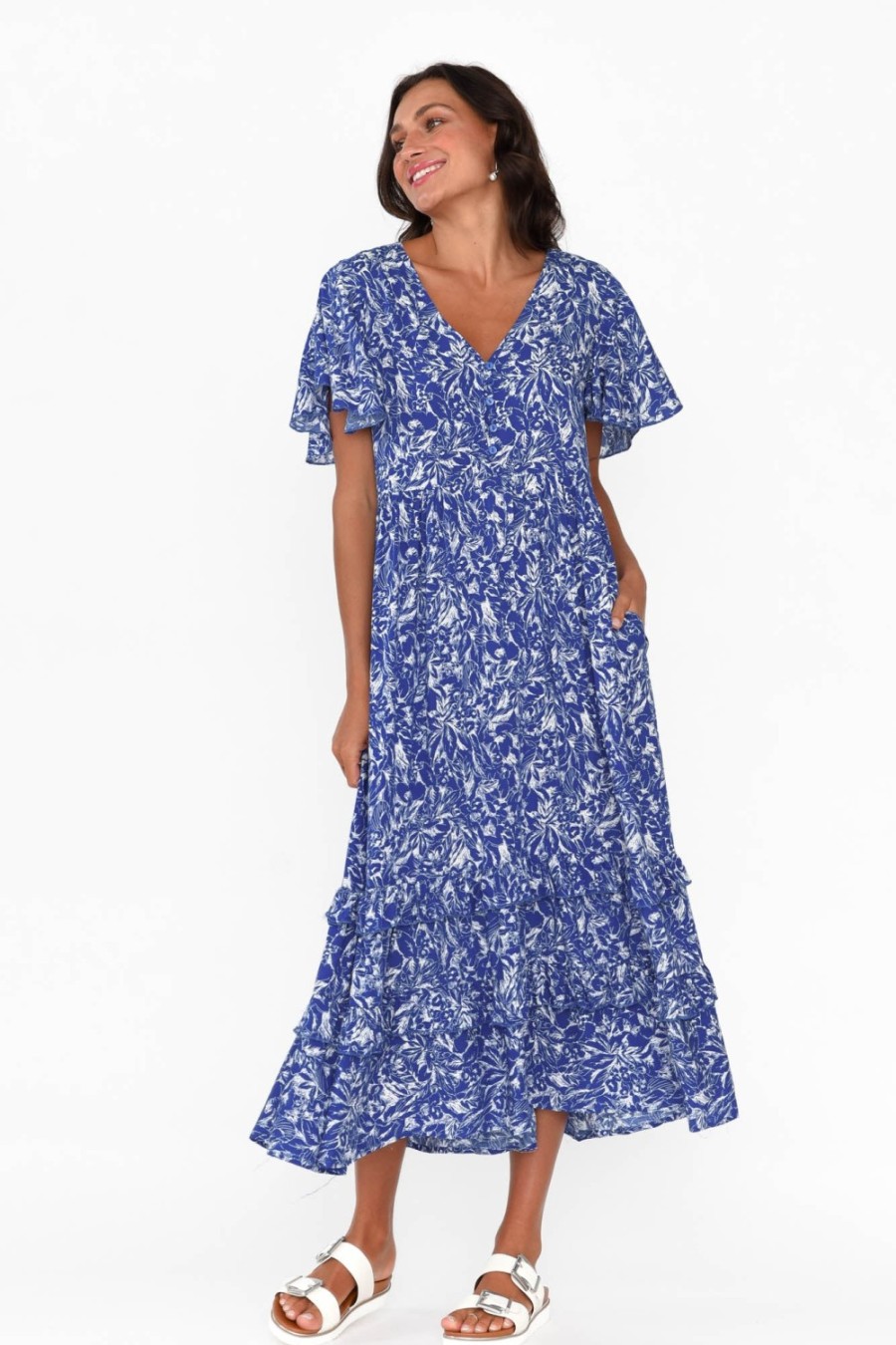 Clothing New U Collection Midi Dresses | Akira Blue Blossom Button Tier Dress