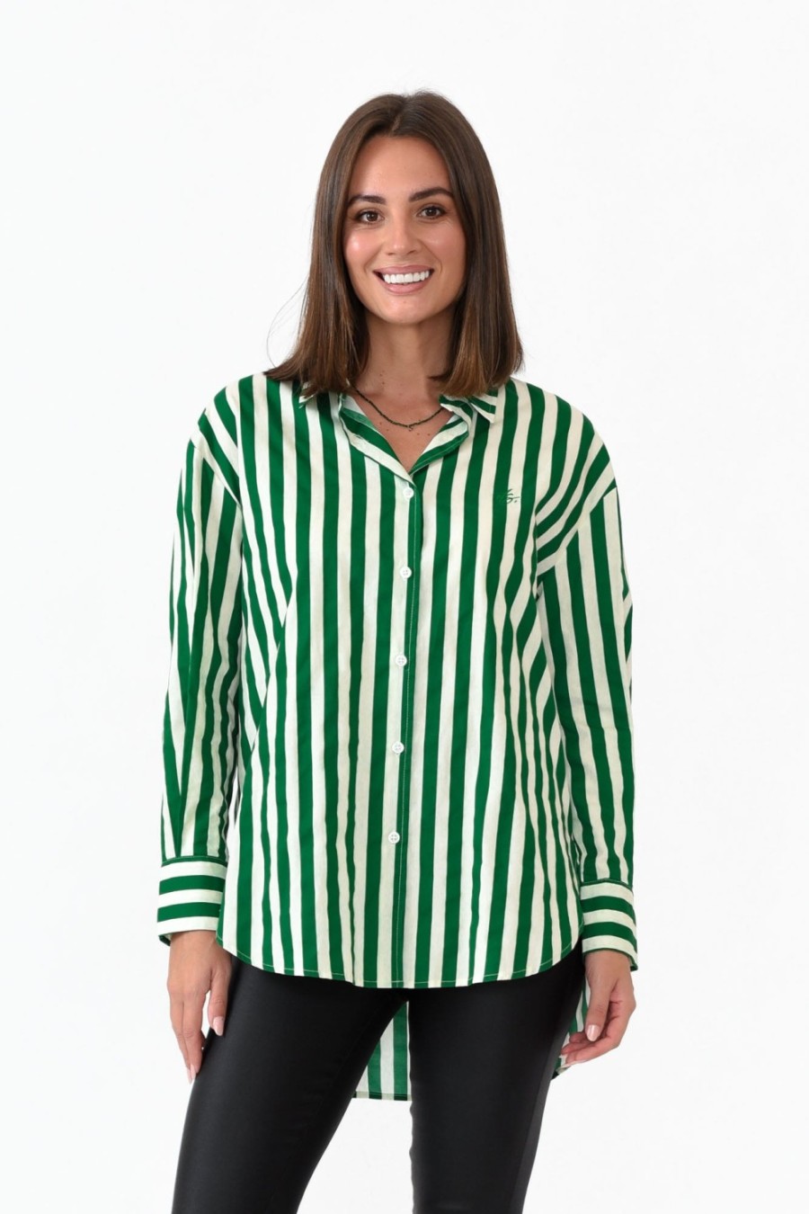 Clothing Dear Sutton Cotton Tops | Presley Green Stripe Cotton Poplin Shirt