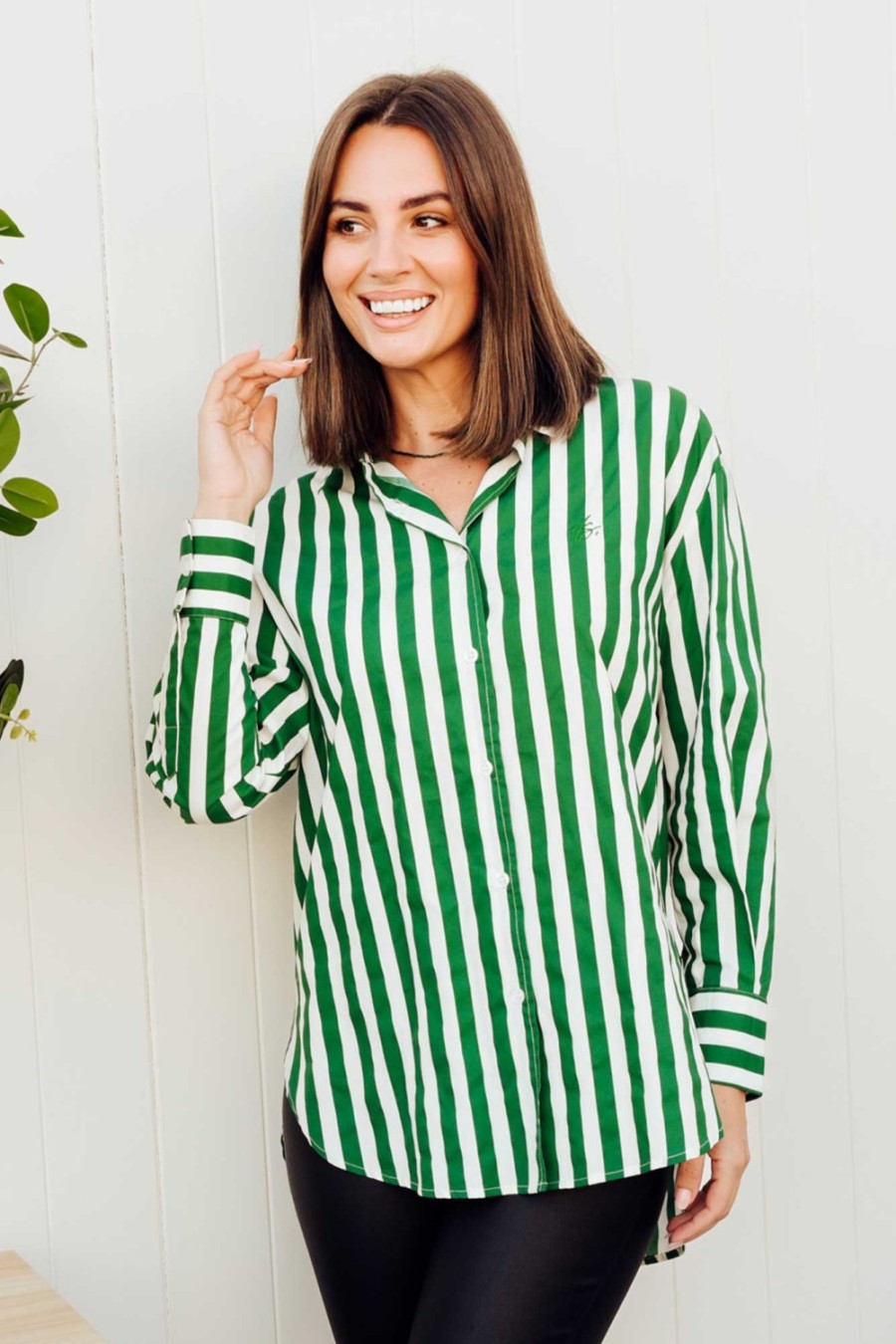 Clothing Dear Sutton Cotton Tops | Presley Green Stripe Cotton Poplin Shirt