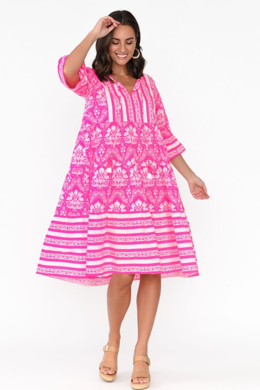 Clothing Escape Cotton Dresses | Amber Hot Pink Damask Cotton Dress