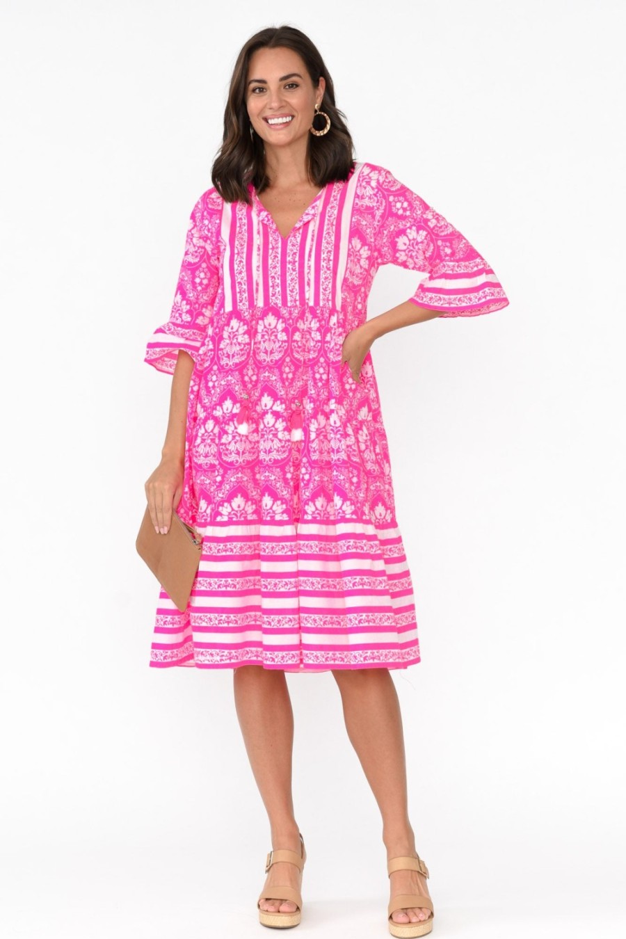 Clothing Escape Cotton Dresses | Amber Hot Pink Damask Cotton Dress