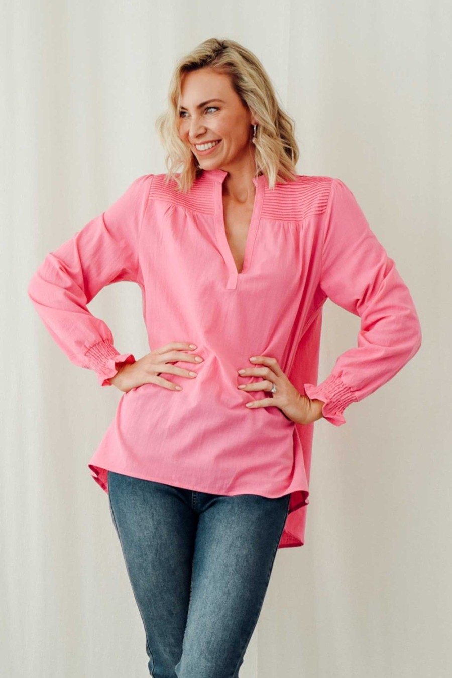 Clothing Cali and Co Cotton Tops | April Pink Cotton V Neck Top