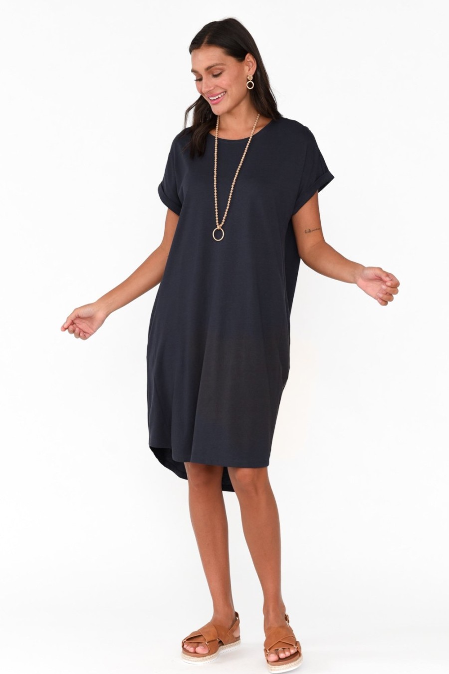 Clothing Betty Basics Cotton Dresses | Maxine Charcoal Cotton T-Shirt Dress