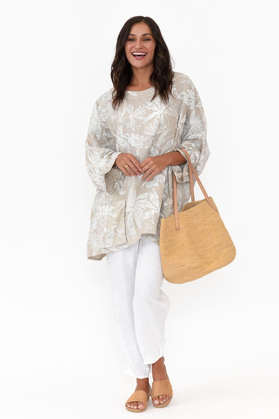 Clothing Donna Donna Linen Tops | Casper Taupe Tropical Linen Pocket Top