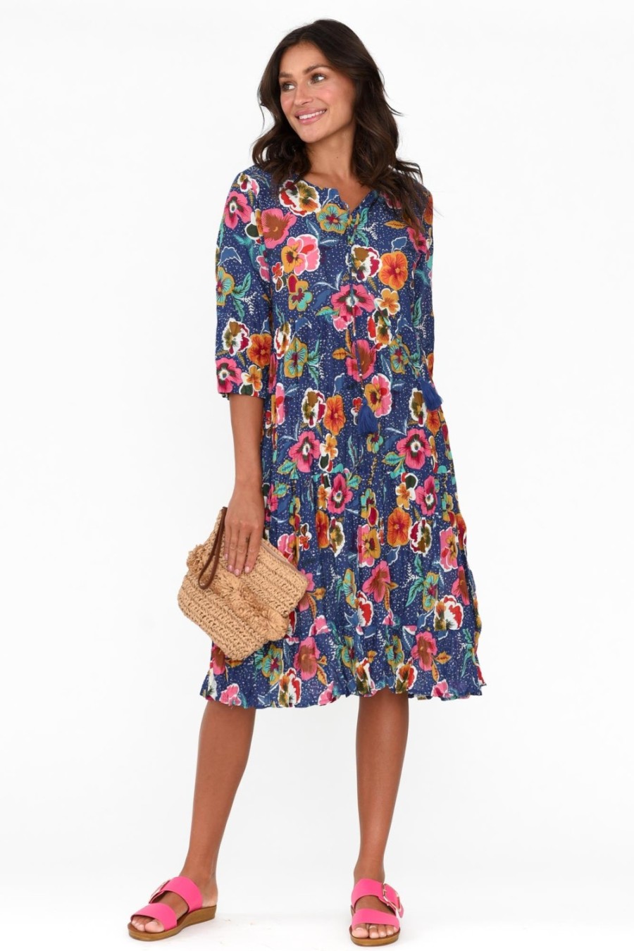 Clothing One Summer Cotton Dresses | Layla Navy Blossom Crinkle Cotton Dress