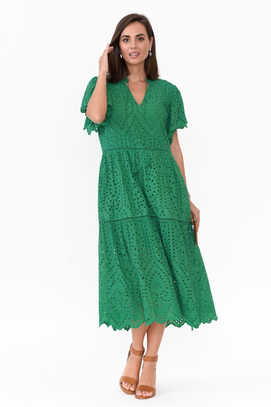 Clothing La Strada Cotton Dresses | Normandy Green Embroidered Tassel Dress