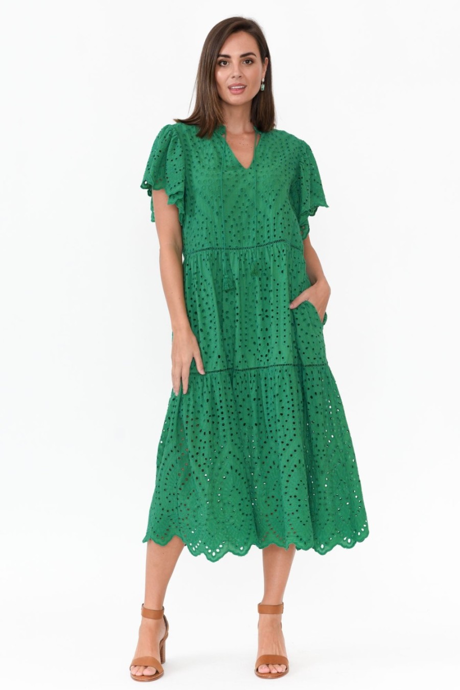 Clothing La Strada Cotton Dresses | Normandy Green Embroidered Tassel Dress