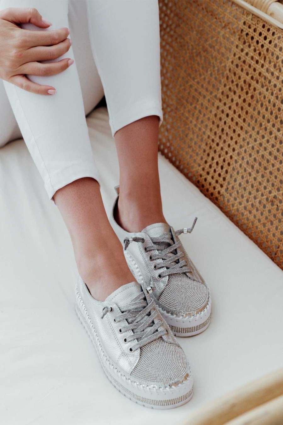 Shoes Ameise Leather Sneakers | Sky Silver Leather Diamante Sneaker