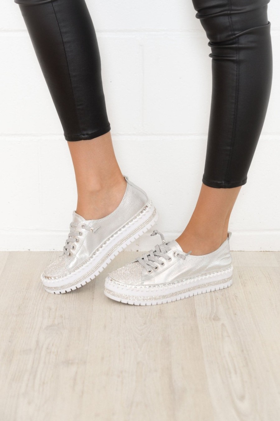 Shoes Ameise Leather Sneakers | Sky Silver Leather Diamante Sneaker