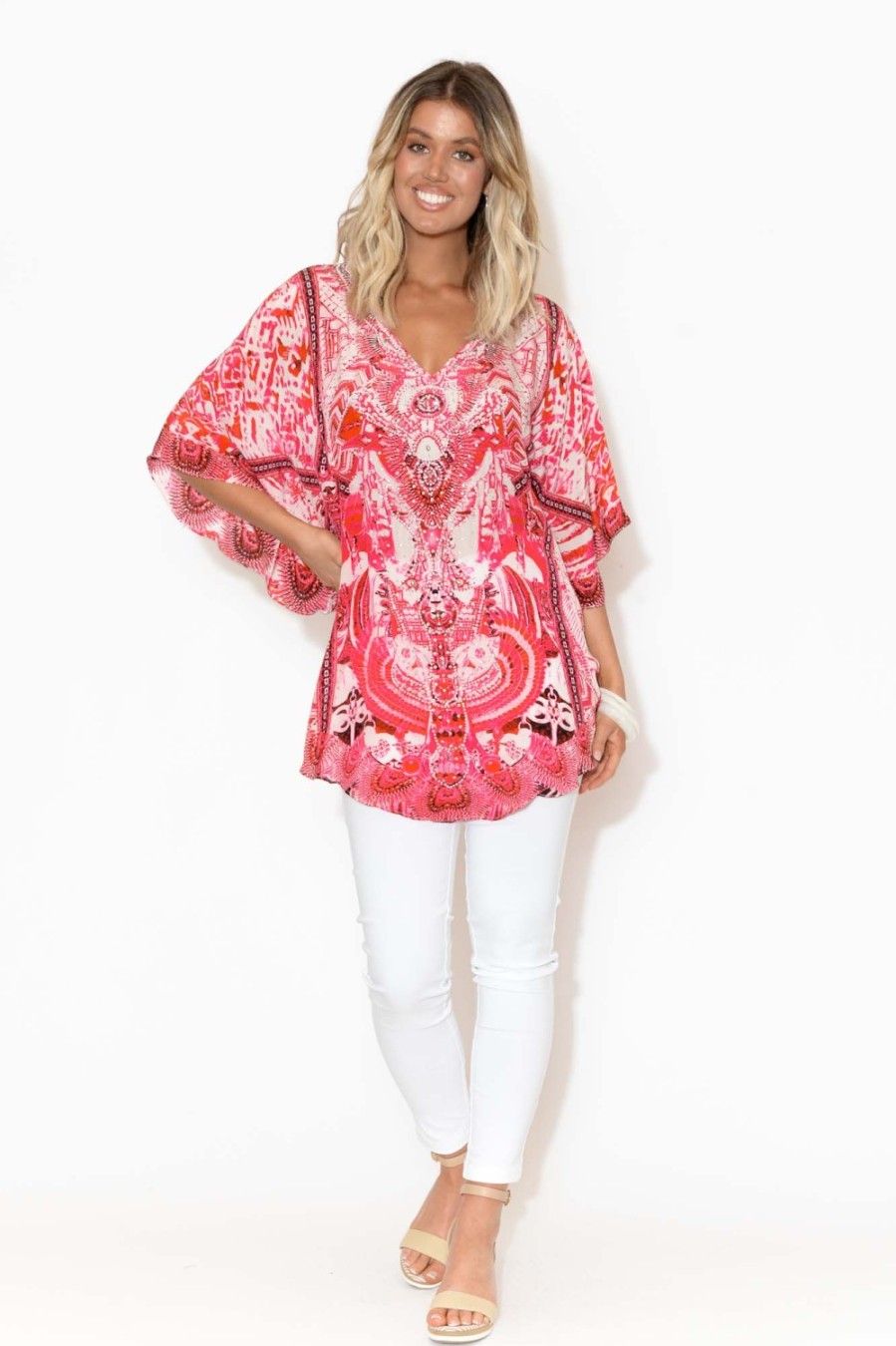 Clothing Fashion Spectrum Sleeved Tops | Pink Frangipani Silk Butterfly Top