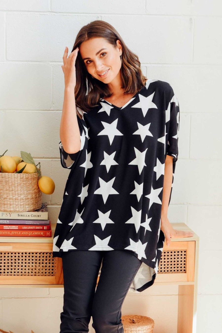 Clothing La Mode Tunic Tops | Aaron Navy Star Knit Drape Top