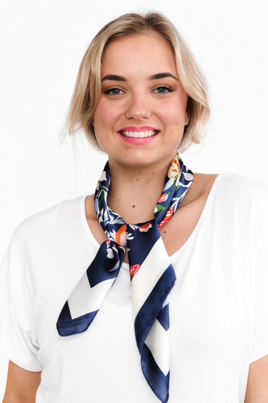 Clothing Zoda Scarves | Cresta Navy Satin Floral Square Scarf