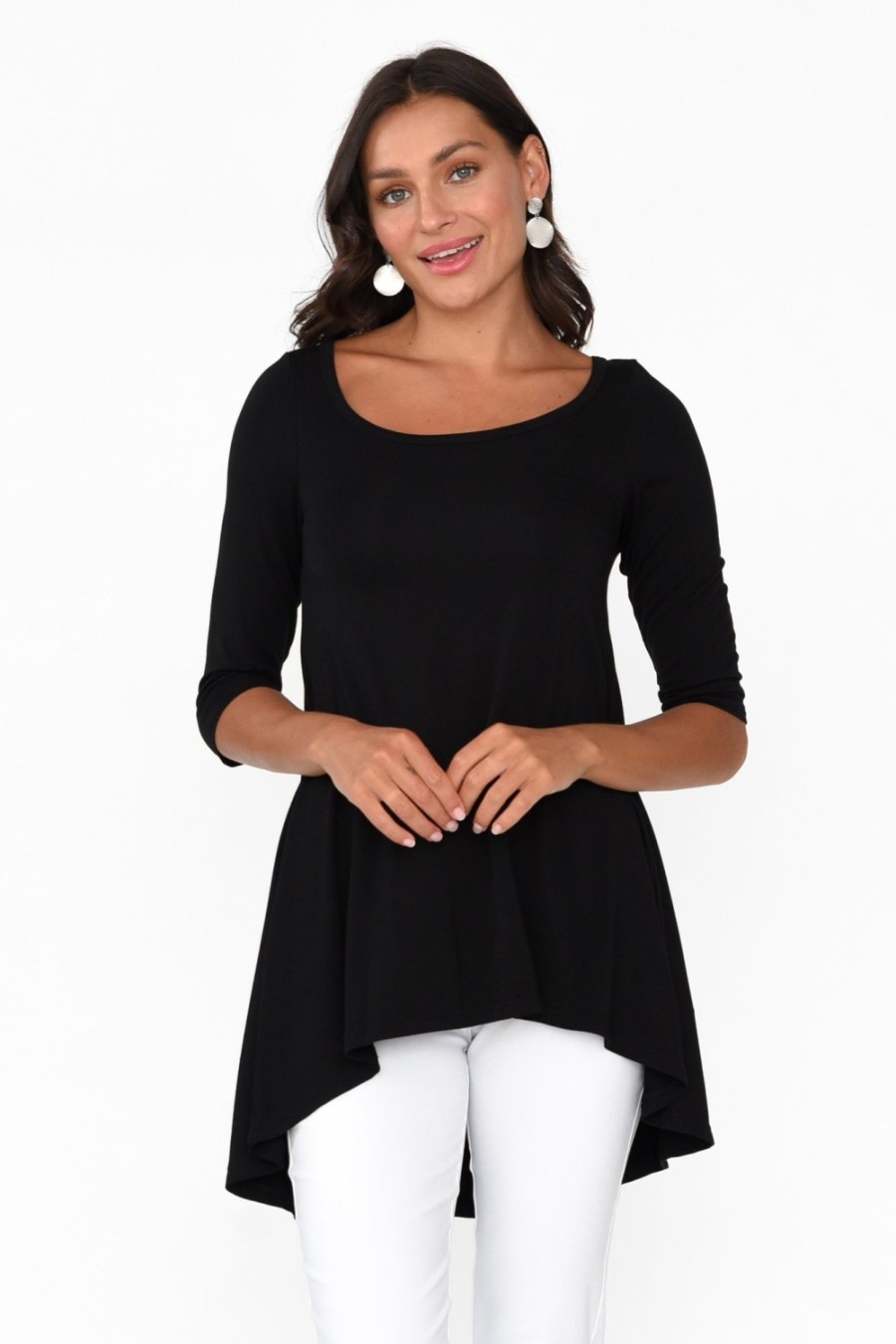 Clothing Bamboo Body Sleeved Tops | Black Bamboo Hi Lo Hem Top