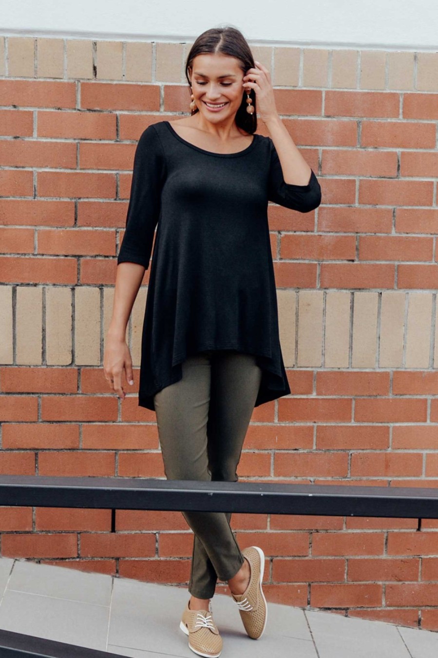 Clothing Bamboo Body Sleeved Tops | Black Bamboo Hi Lo Hem Top