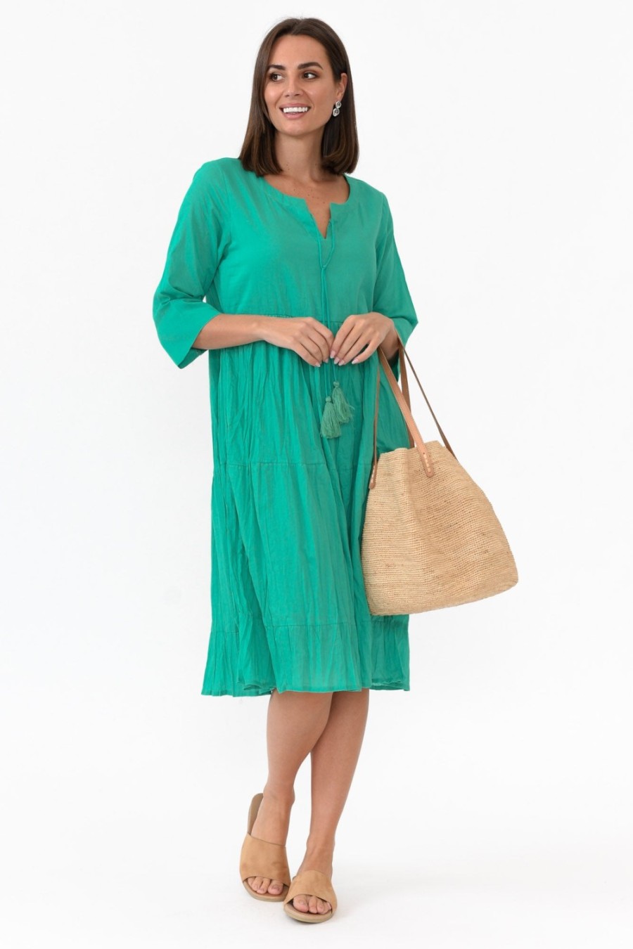 Clothing One Summer Below Knee Dresses | Milana Emerald Crinkle Cotton Dress