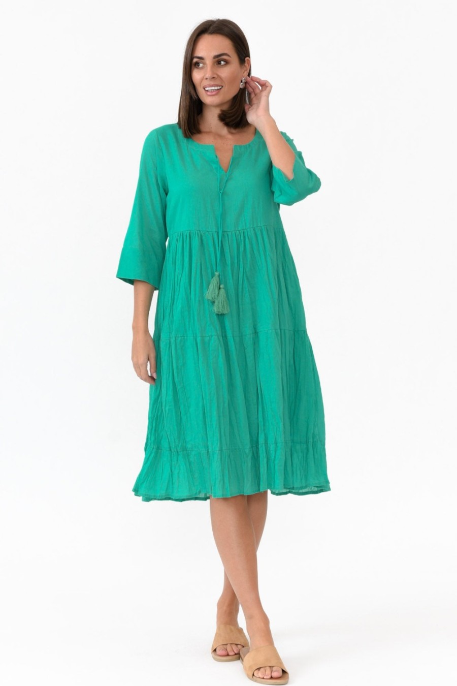 Clothing One Summer Below Knee Dresses | Milana Emerald Crinkle Cotton Dress