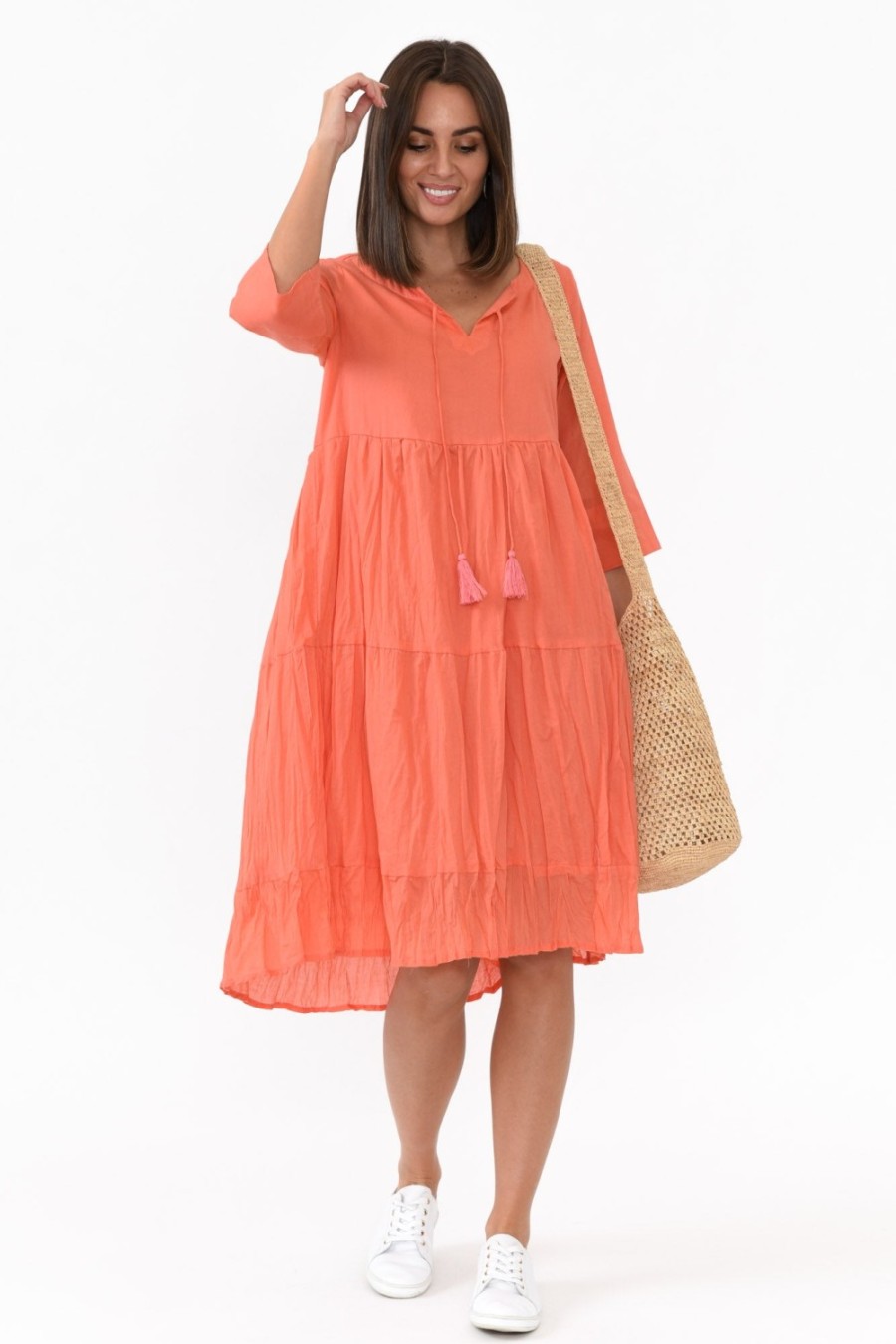 Clothing One Summer Cotton Dresses | Milana Peach Crinkle Cotton Dress