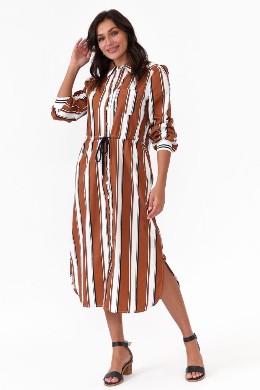 Clothing 365 Days Cotton Dresses | Sorrento Tan Stripe Cotton Shirt Dress