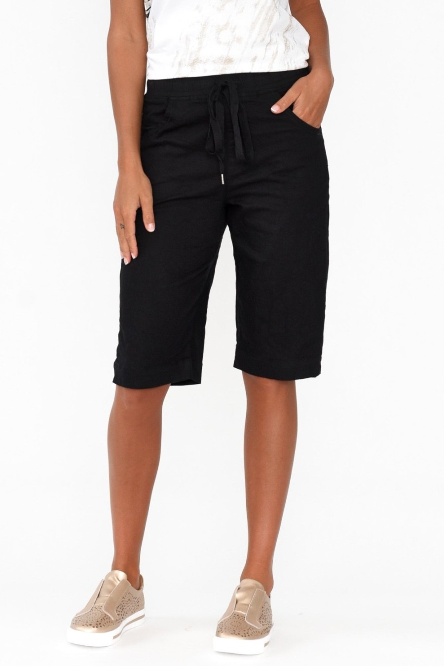 Clothing Cafe Latte Shorts | Asha Black Cotton Blend Drawstring Short