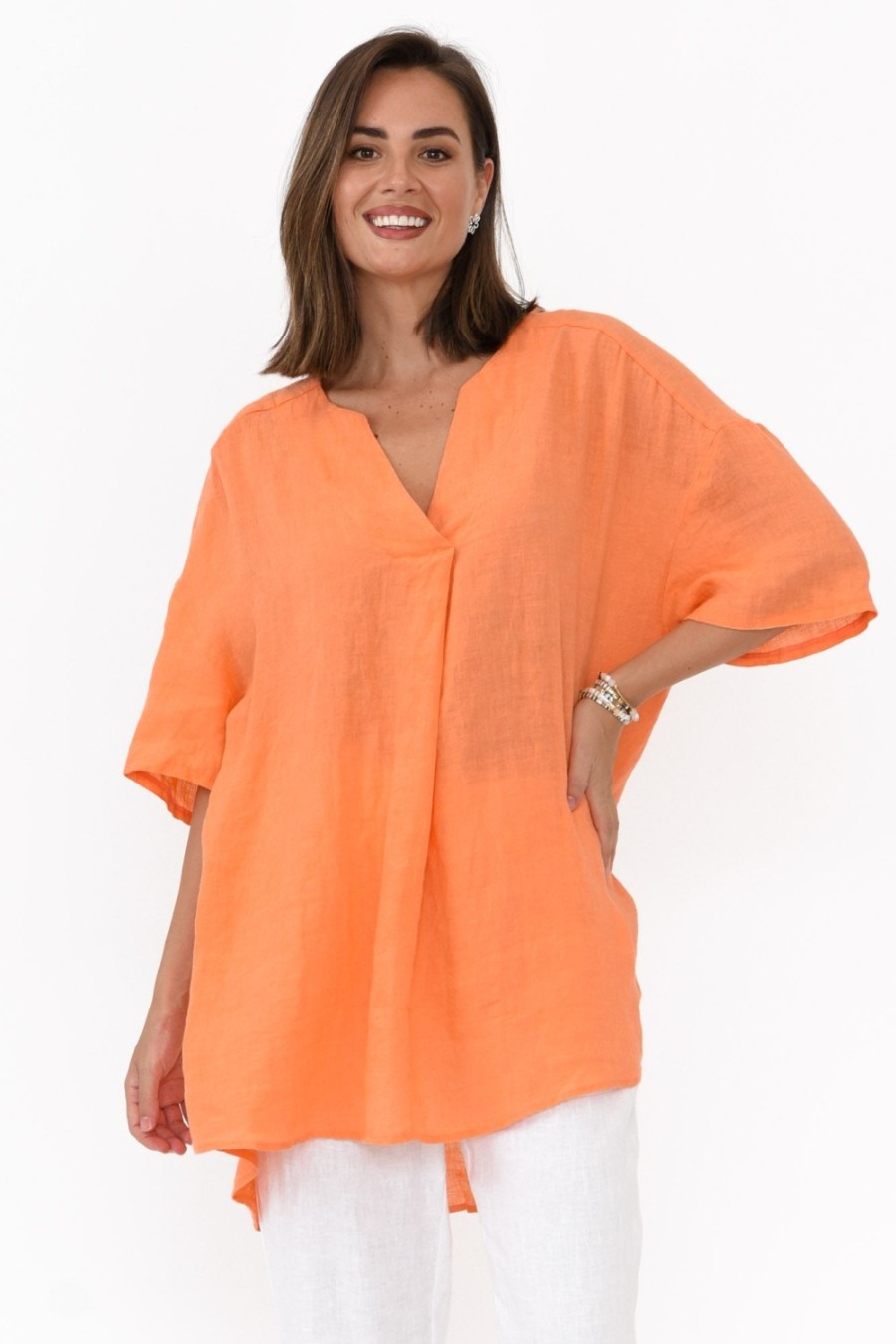 Clothing Cali and Co Linen Tops | Holland Orange Linen V Neck Tunic