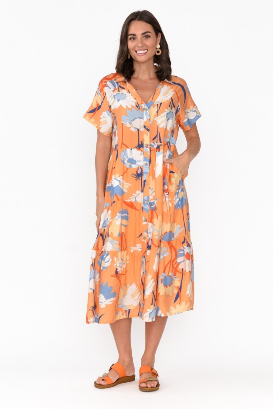 Clothing Cali and Co Cotton Dresses | Maelle Orange Flower Cotton Tier Dress