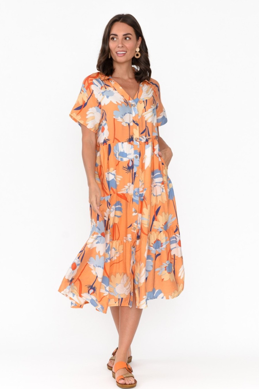 Clothing Cali and Co Cotton Dresses | Maelle Orange Flower Cotton Tier Dress