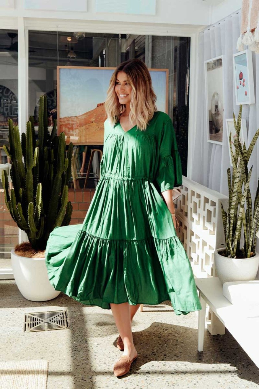 Clothing Worthier Cotton Dresses | Hope Green Tiered Midi Dress