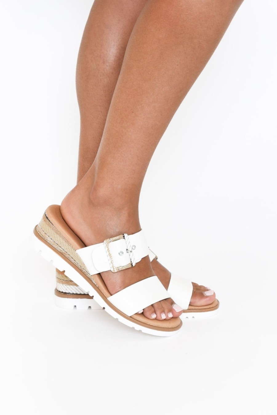 Shoes Bay Lane Heeled Sandals | River White Buckle Wedge Sandal