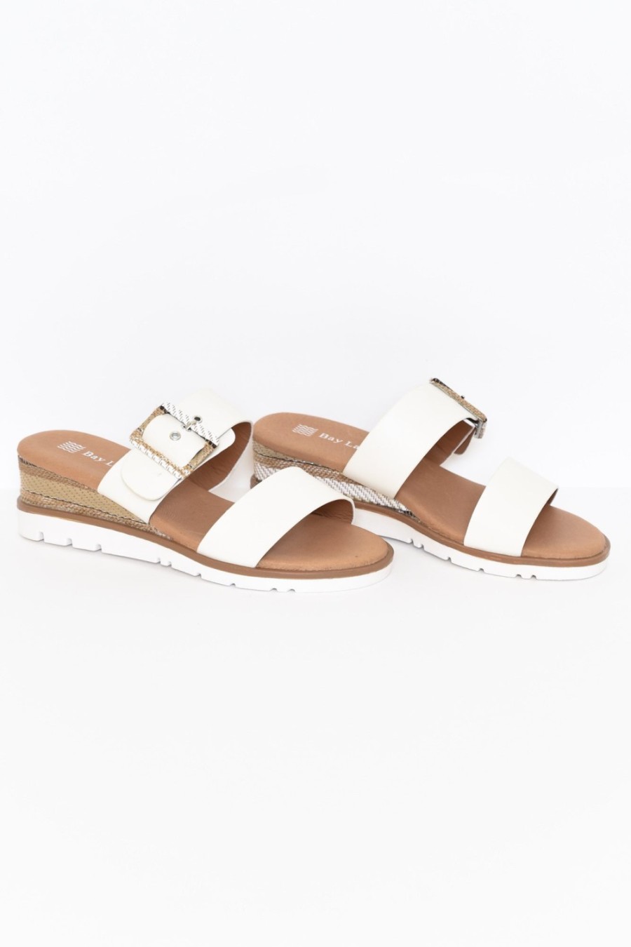 Shoes Bay Lane Heeled Sandals | River White Buckle Wedge Sandal