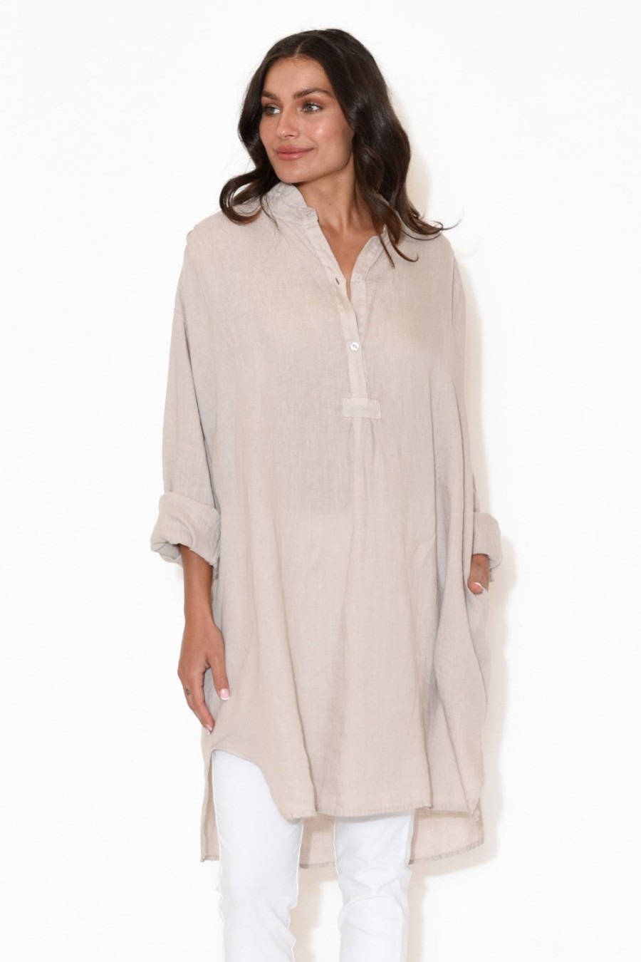 Clothing Montaigne Linen Tops | Oakland Natural Linen Button Tunic