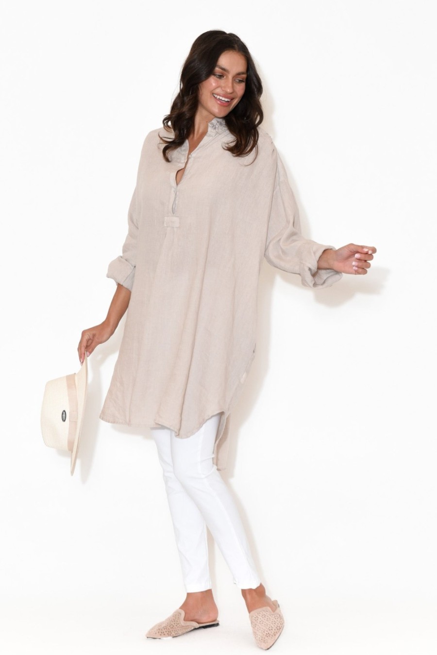 Clothing Montaigne Linen Tops | Oakland Natural Linen Button Tunic