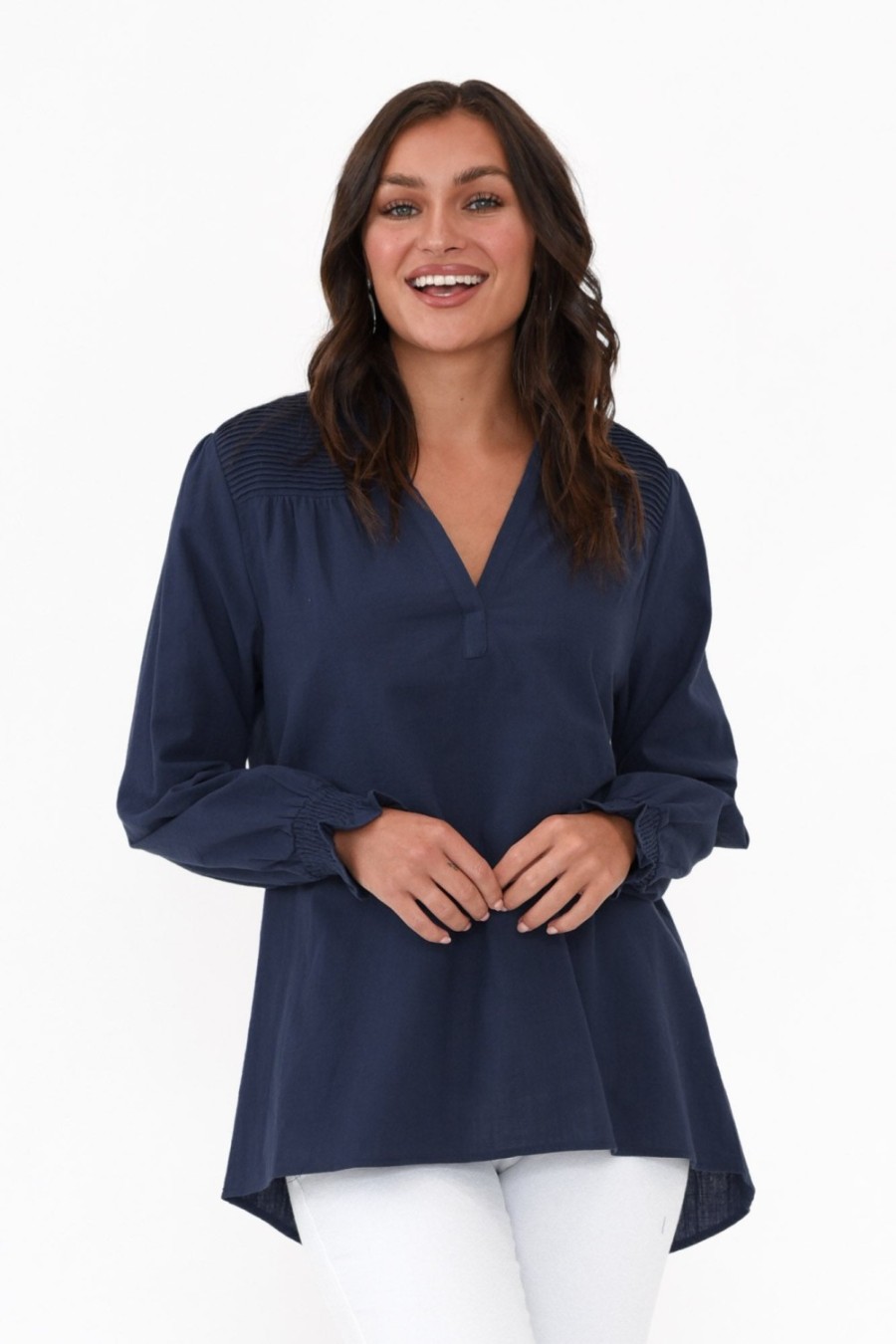 Clothing Cali and Co Sleeved Tops | April Navy Cotton V Neck Top