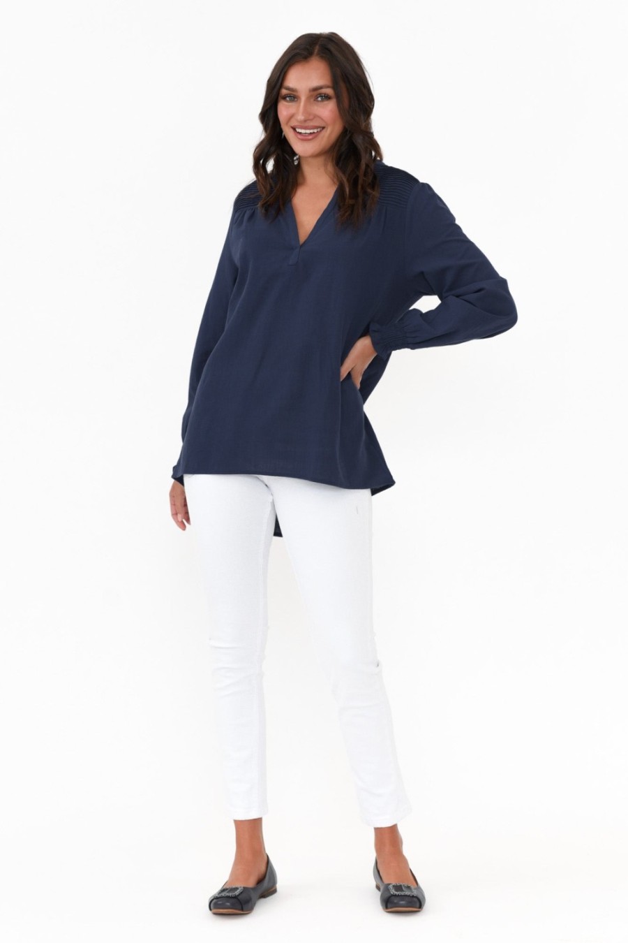 Clothing Cali and Co Sleeved Tops | April Navy Cotton V Neck Top