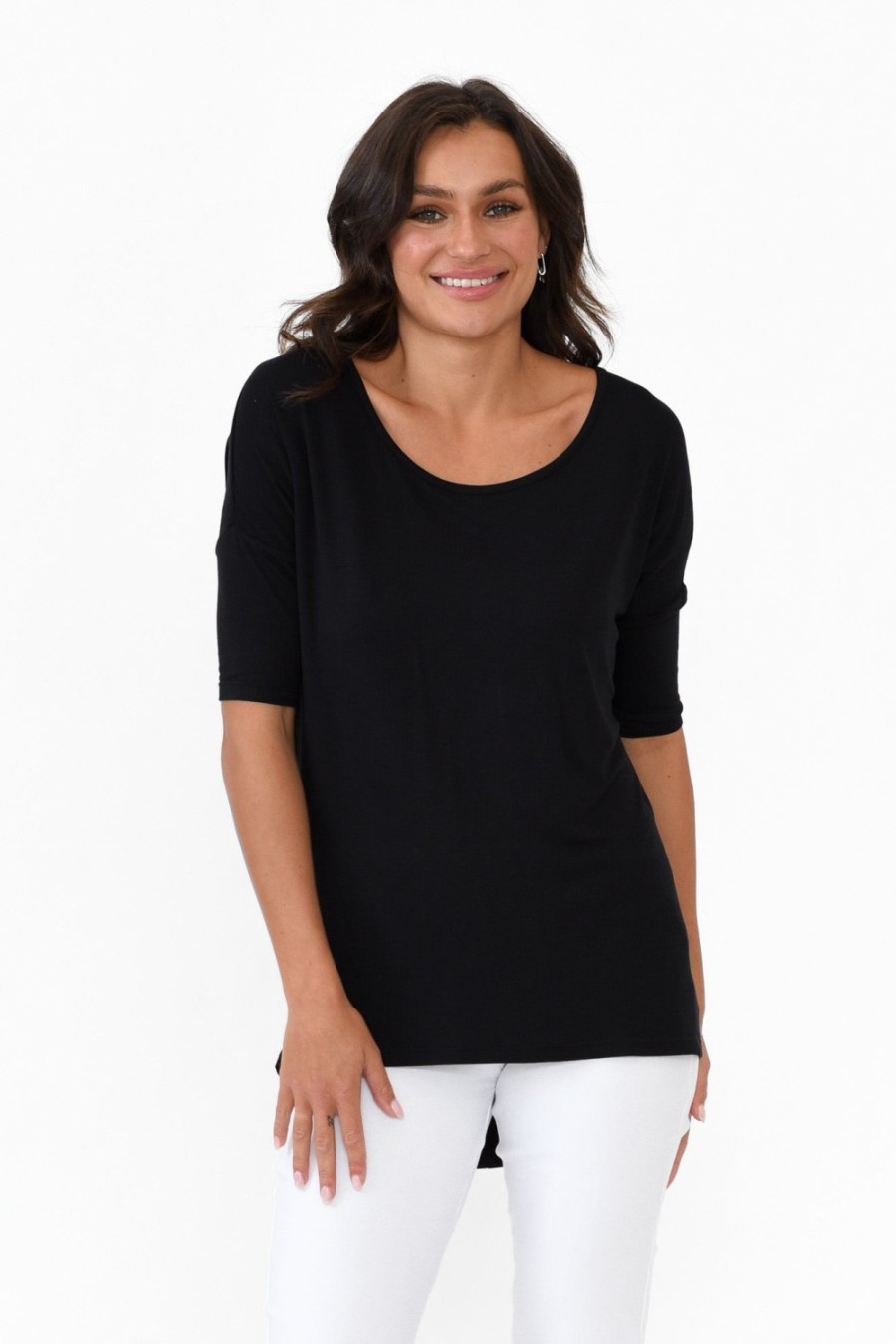 Clothing Betty Basics Sleeved Tops | Marbella Black Scoop Neck Tee