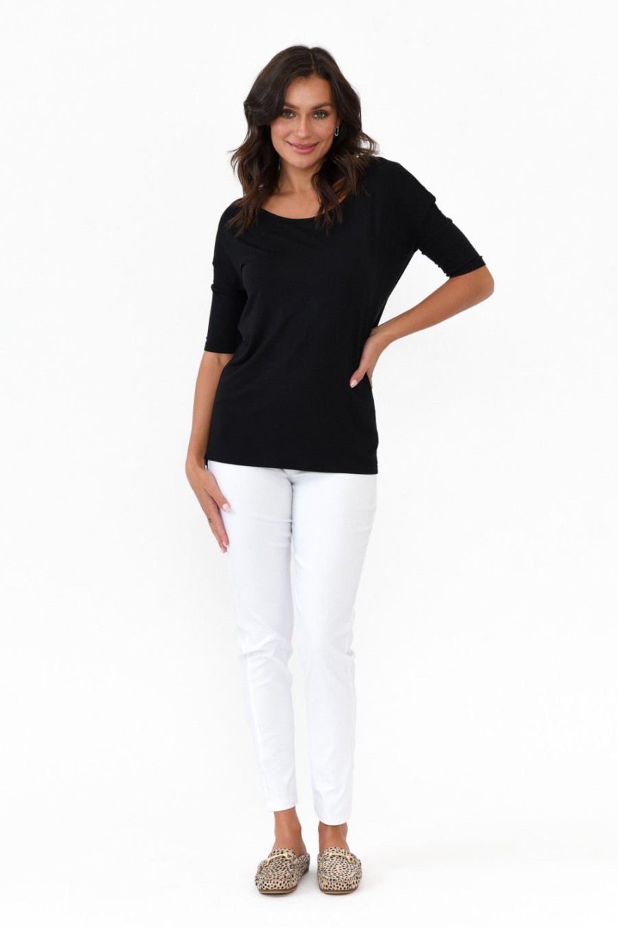 Clothing Betty Basics Sleeved Tops | Marbella Black Scoop Neck Tee