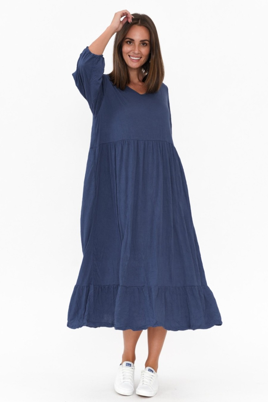 Clothing Cotton Village Cotton Dresses | Elora Navy Crinkle Cotton Tiered Dress