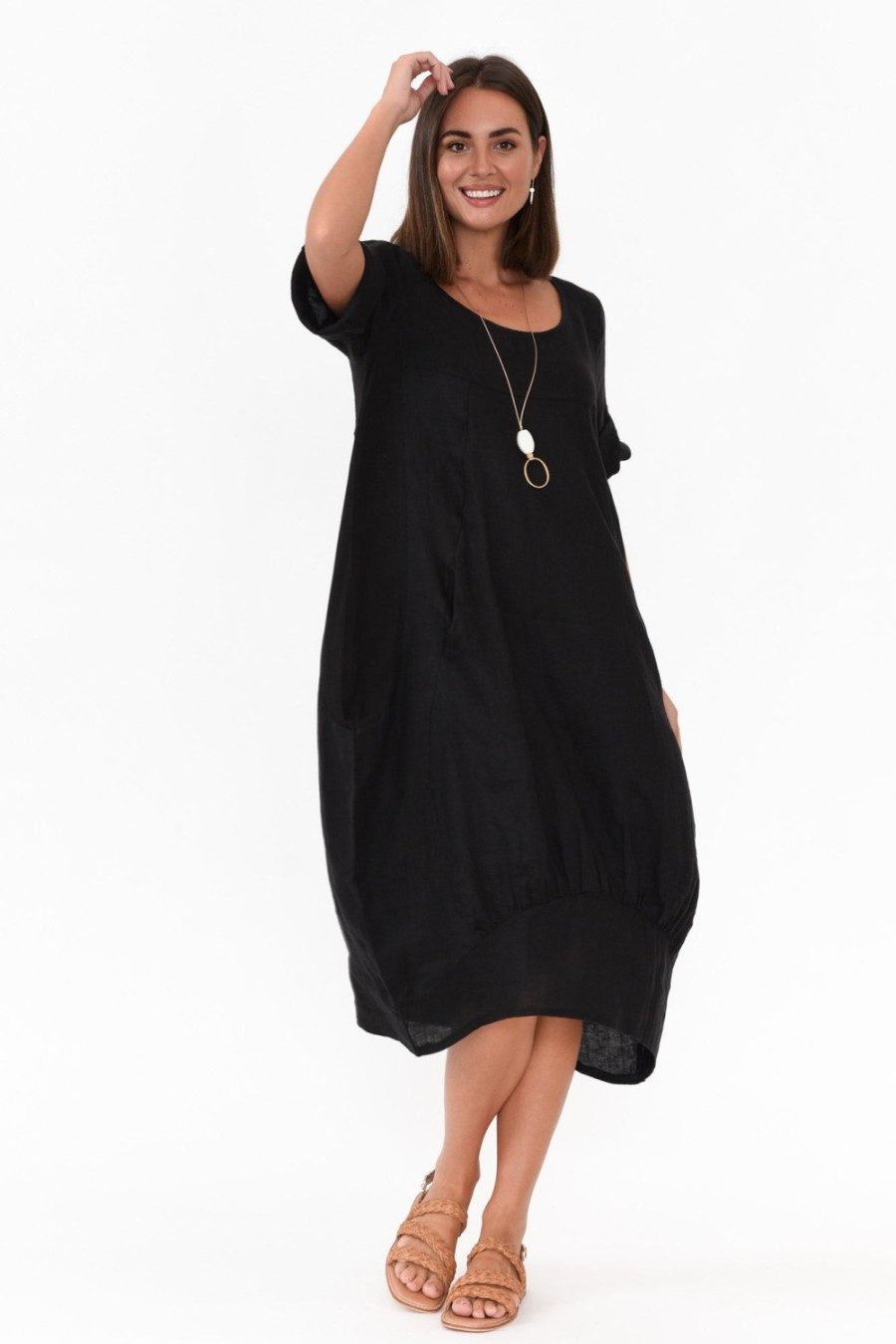 Clothing Cali and Co Linen Dresses | Oriana Black Sleeved Linen Dress