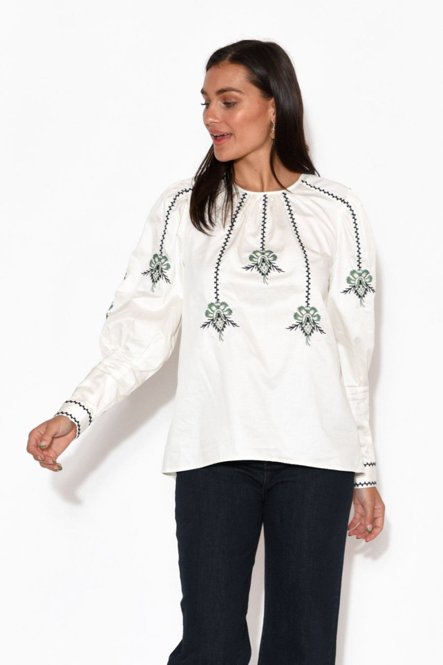 Clothing Once Was Cotton Tops | Grove White Embroidered Bishop Sleeve Top