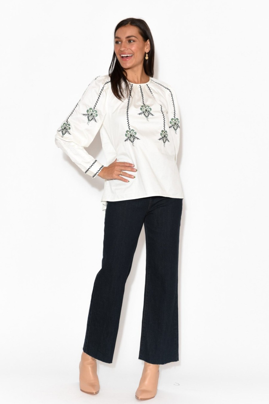 Clothing Once Was Cotton Tops | Grove White Embroidered Bishop Sleeve Top