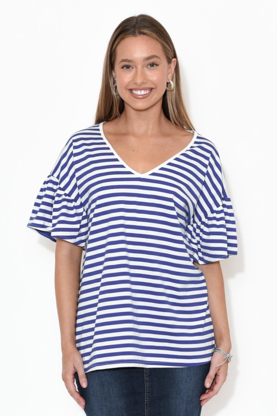 Clothing Betty Basics Cotton Tops | Alessia Blue Stripe Cotton Frill Top