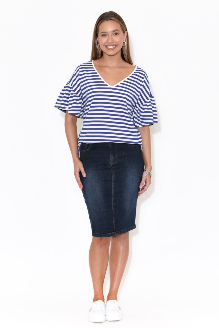 Clothing Betty Basics Cotton Tops | Alessia Blue Stripe Cotton Frill Top