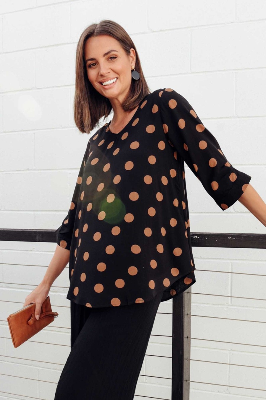 Clothing Willow Tree Sleeved Tops | Riveria Black Spot V Neck Top