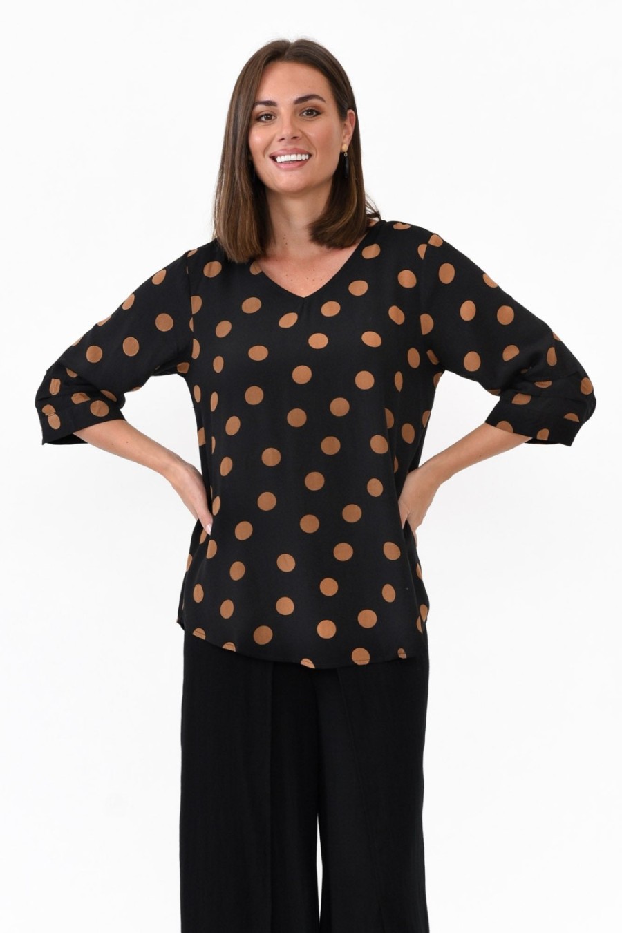 Clothing Willow Tree Sleeved Tops | Riveria Black Spot V Neck Top