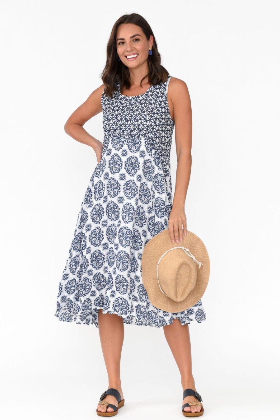 Clothing Namastai Midi Dresses | Jolie Navy Fiesta Crinkle Cotton Dress