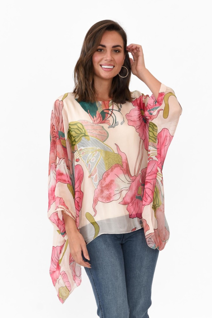 Clothing La Strada Sleeved Tops | Trevino Pink Flower Silk Overlay Top