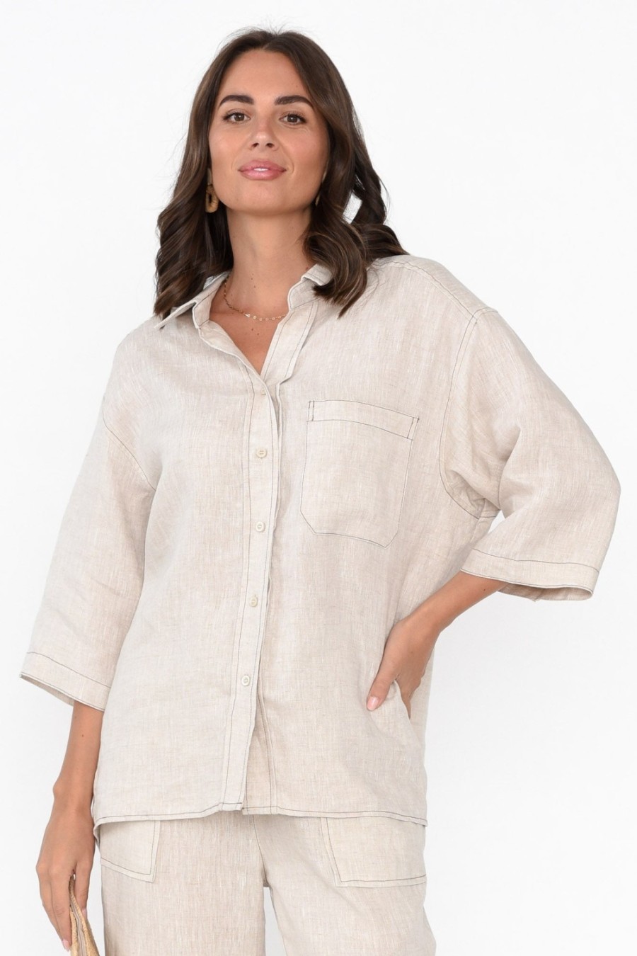 Clothing Label Of Love Linen Tops | Armida Beige Linen Shirt