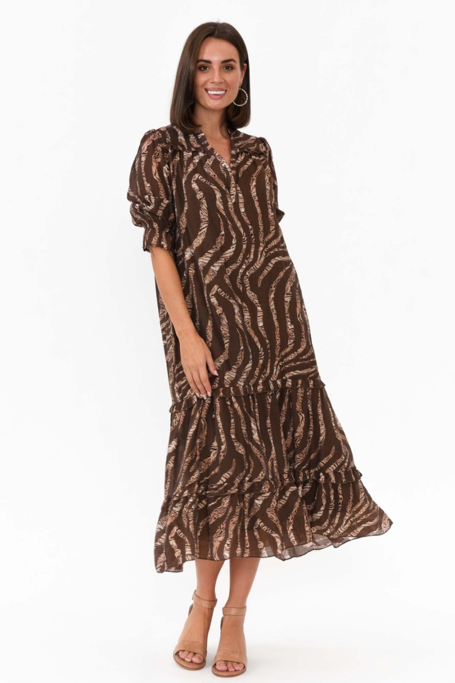 Clothing New U Collection Midi Dresses | Malcolm Brown Leopard Frill Dress