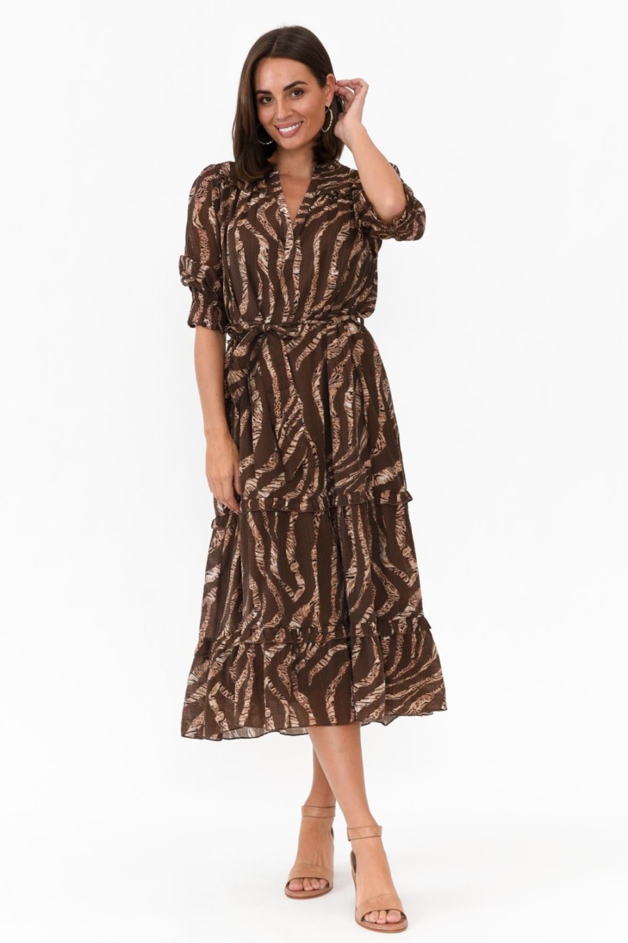 Clothing New U Collection Midi Dresses | Malcolm Brown Leopard Frill Dress